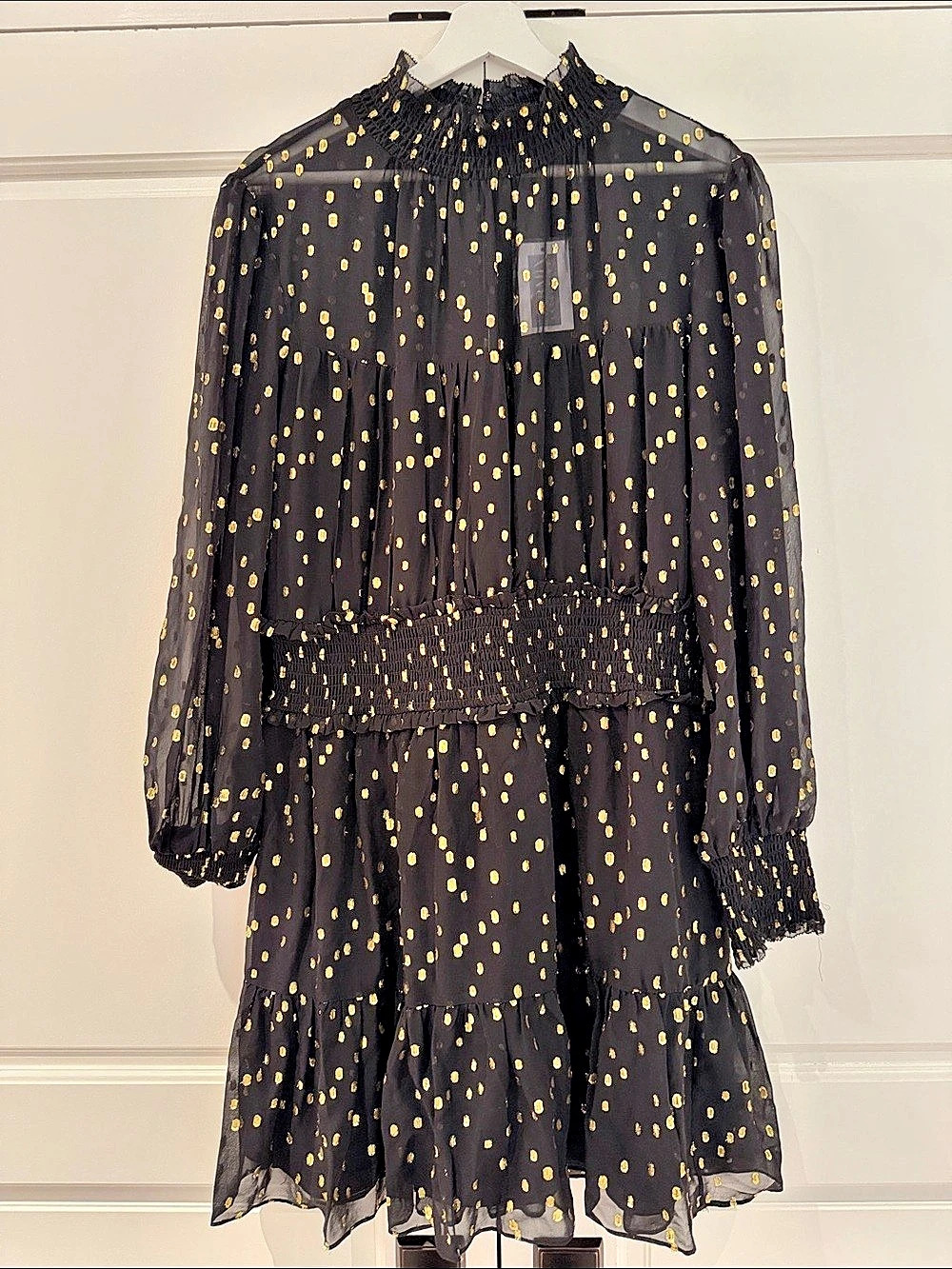 Intermix Andrea Dress Polka Dot Mini Dress Black & Gold Size 12 NWT